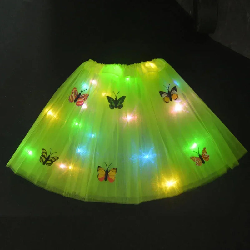 Princess Girl Butterfly Light Fairy Tutu LED Skirt Glow Flower Headband Birthday Gift Fancy Party Christmas Halloween Festival