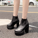 Gdgydh – schwarze Lederstiefel für Damen, High Heels mit Plateau, Party-Modell, Frühling-Herbst, einfarbig