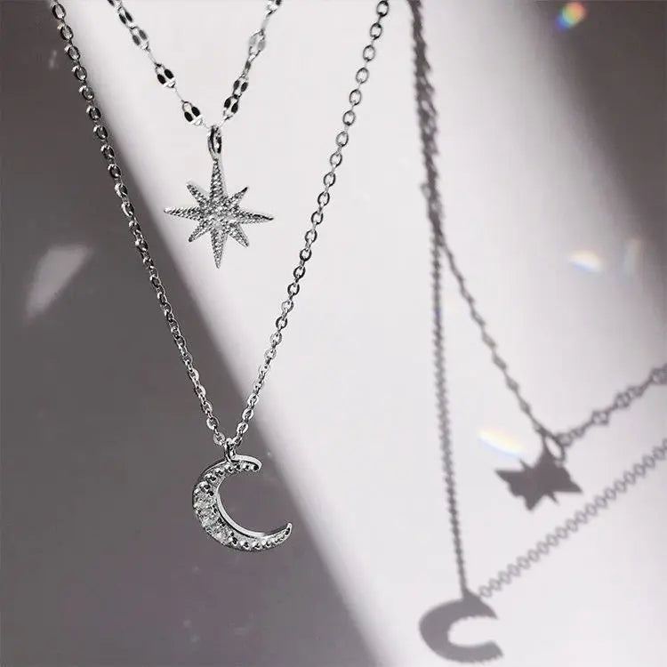 925 Silver Necklace for Women Double Layer Zircon Star Moon Pendant Necklace Delicate Chain Charm Elegant Fashion Jewelry Gifts