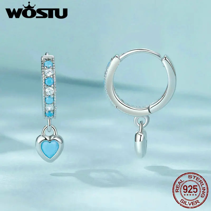 WOSTU 925 Sterling Silver Blue Heart-shaped Turquoise Hoop Earrings For Women Shiny CZ Drop Dangle Earrings Pendientes Jewelry