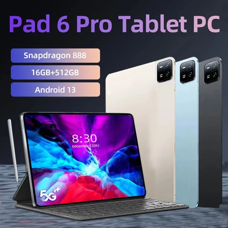 2024 Original Global Version Pad 6 Pro Tablet Snapdragon 888 Android 13 HD 4KTablet PC 16GB + 512GB 5G Dual SIM Card WIFI Mi Tab