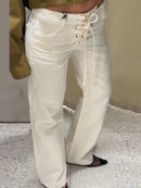 Elegant Women's Low Rise White Denim Jeans With Waist-Tie Design Comfortable Fit Straight Leg Pant Casual Daily Female Trousers