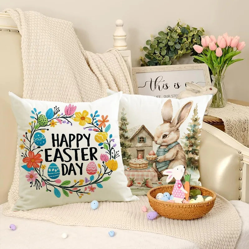 Easter Cute Bunny Print Pattern Home Decor Pillowcase Bedroom Living Room Sofa Decoration Polyester Cushion Cover with Zipper