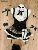 Summer Sweet Preppy Style 2 Piece Sets Women Y2k Kawaii Lolita Design Tops + High Waist Chic Skirt Female Princess Retro Outfits