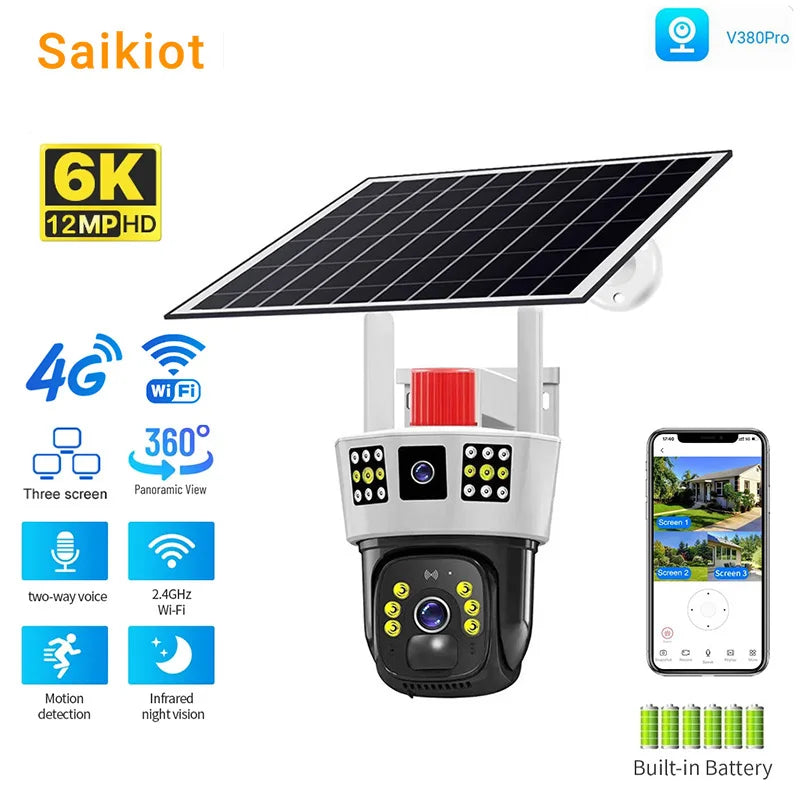 Saikiot 3 Screens Dual Lens V380 Pro 12MP 6K PTZ 4G SIM Card Solar Powered CCTV Security Camera Waterproof Solar PTZ Camera WIFI