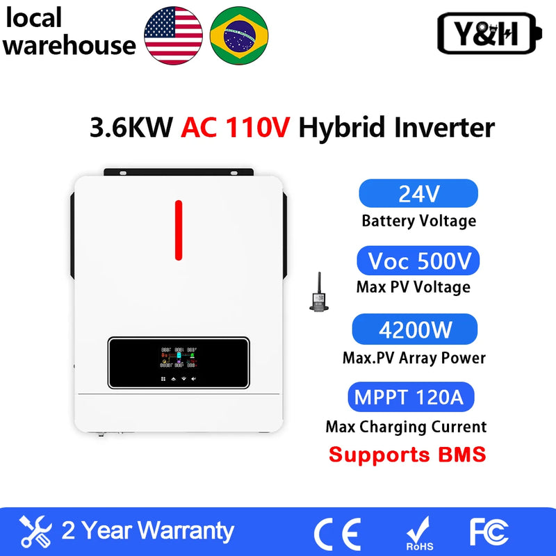 Y&H 3.6KW 4KW Hybrid Solar Inverter 24VDC 110VAC Pure Sine Wave Hybrid Inverter 120A MPPT Solar Controller Run Without Battery