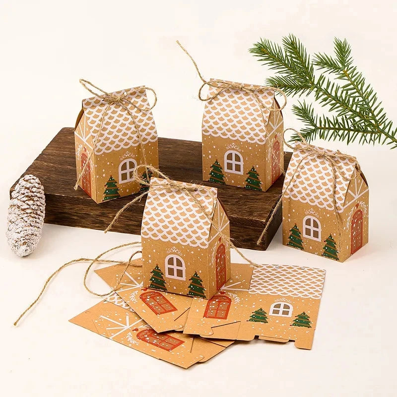 MissDeer 5Pcs Merry Christmas Gift Bags House Shape Kraft Paper Candy Cookie Bags Packaging Boxes Christmas Tree Pendant Party D