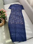 The Cobalt Lace | Floral Lace Patchwork Midi Dress with Retro Turn-Down Collar