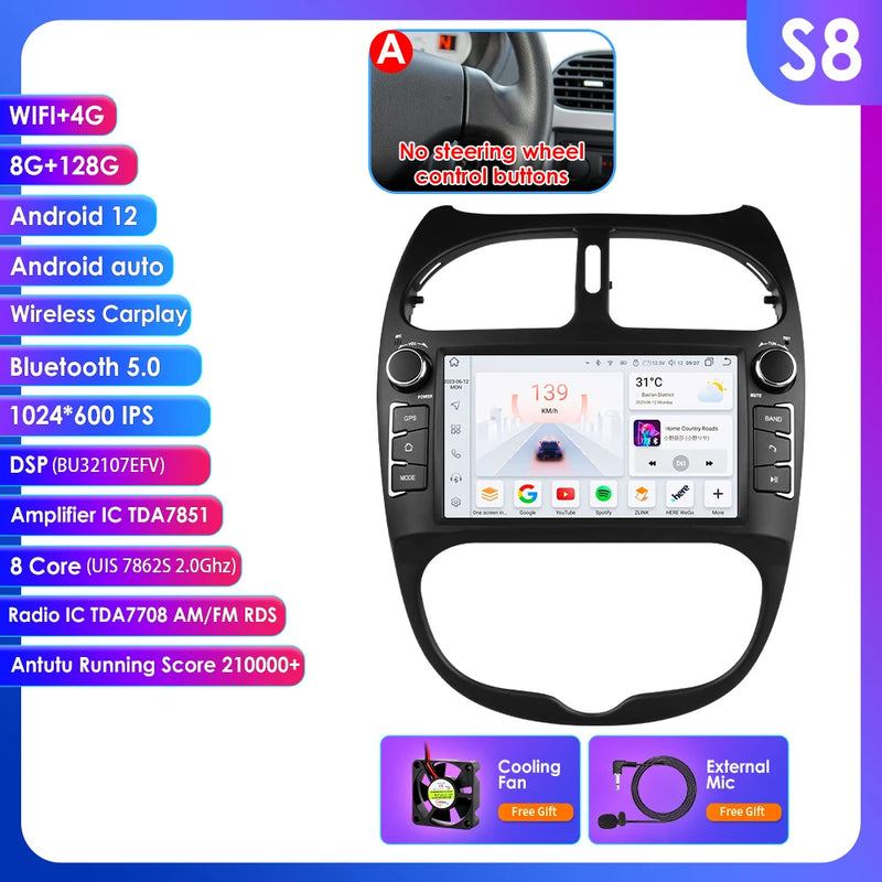 Hizpo 2Din 7inch Android Car Radio for Peugeot 206 206CC 206SW 2000 - 2008 Multimedia 4G BT Auto CarPlay GPS RDS DSP Stereo