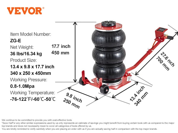 SucceBuy Pneumatic Jack 3 Ton/5 Ton Triple Bag Air Jack Quick Lift Heavy Duty Car Repair Jacks Folding Rod Jacks with Two Wheels