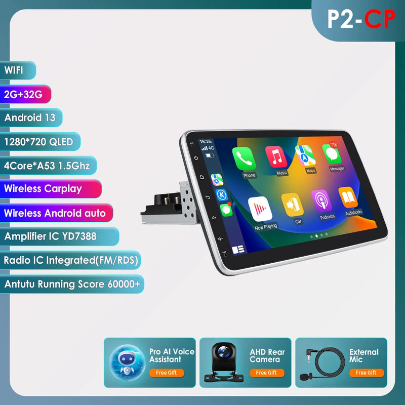 1 Din Android Car Stereo Radio 10.1 Rotate Touch Screen Removable for Universal Carplay GPS Navigation Bluetooth WIFI Autoradio