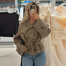 Chic Grid Belt Women's Coat Double Breasted Lapel Lace-Up Long Sleeve Lady Coats 2026 Autumn Fashion Female Vintage Jacket Lady