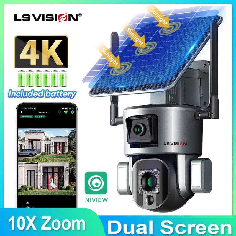 LS VISION 4K 8MP 4G Solar Powered Camera Outdoor Dual Screen 4X 10X Zoom Wifi Wireless Surveillance Camera  Waterproof Cctv Cam