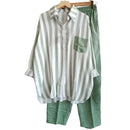 2Pcs/Set Shirt Pants Set Long Sleeve Casual Trendy Elastic Waist Breathable Polyester Stripes Blouse Pants Suit