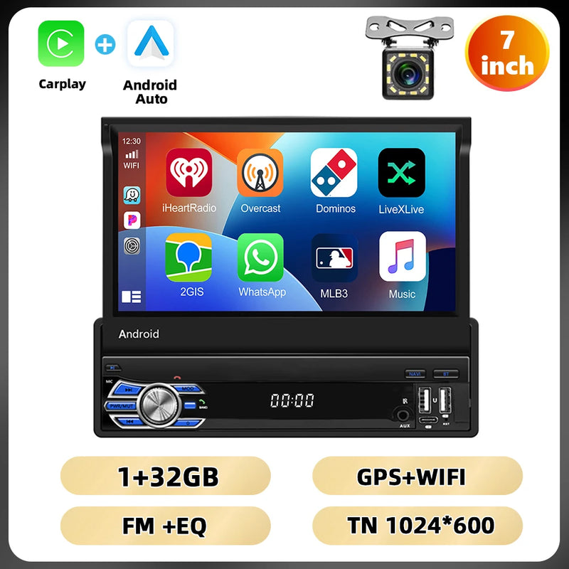 Podofo 4Core 1Din Android Car Stereo 7 ''Retractable Screen Car Radio Carplay Android 2 + 64G Mirror Link GPS WIFI Car Audio