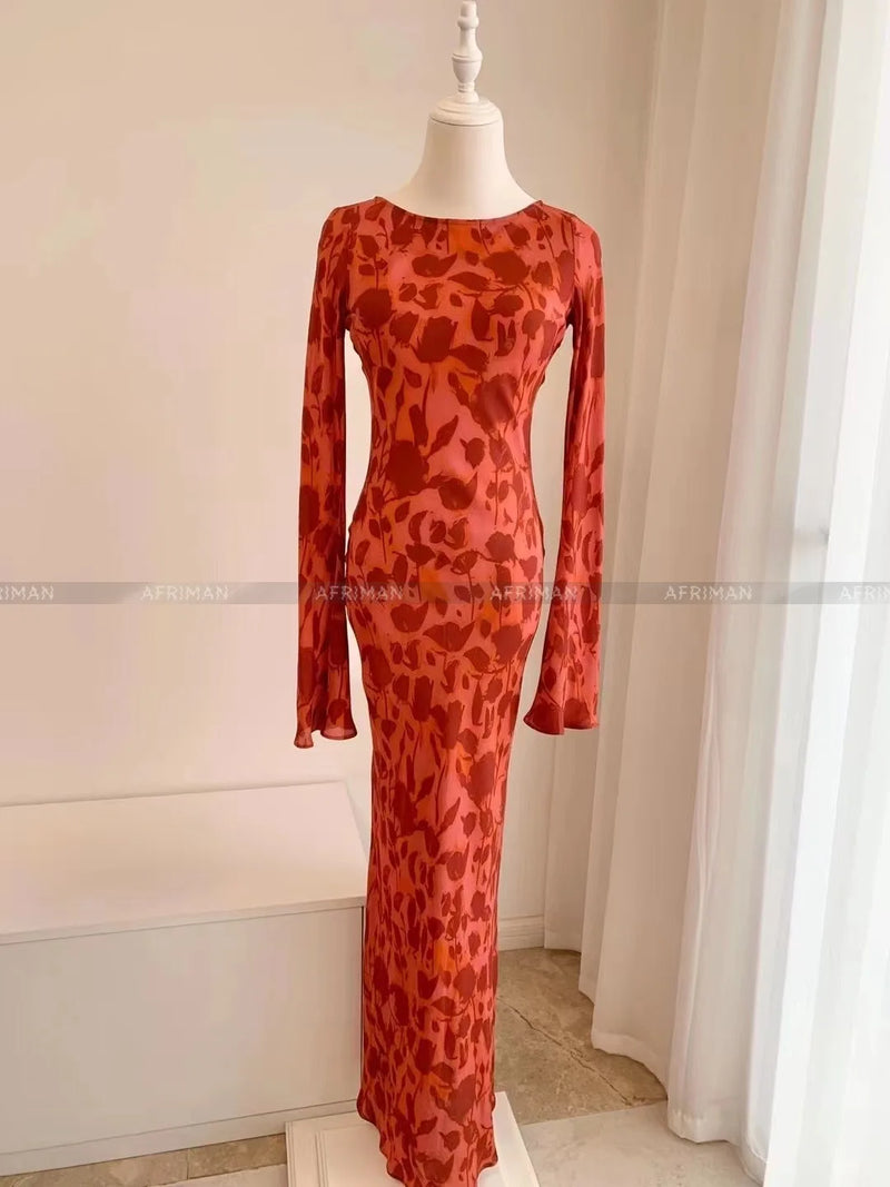 2023 New Women's 100% Silk Rose Flower Print O-Neck Long Sleeve Maxi Dress