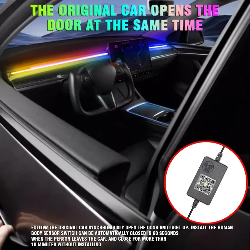New For Tesla Model 3 Y Center Console Dashboard Wireless Charging RGB Neon LED Light Strip Musical Rhythm USB Power APP Control