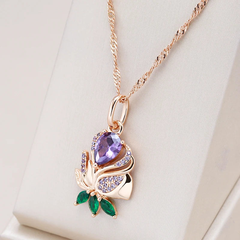 Kienl Vintage Purple Natural Zircon Flower Pendant Necklace High Quality Fine Daily Jewelry Women 585 Rose Gold Color Necklace