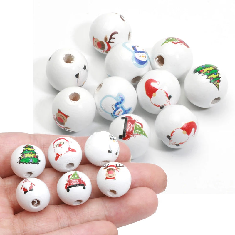 10pcs 16mm Round Christmas Wooden Beads Cartoon Wood Spacer Beads For Jewelry Making Diy Christmas Party Decor Handicrafts