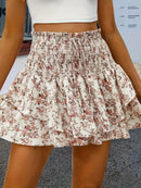 Spring and summer small floral print elastic waist elegant layered hem shorts fashion casual high waist shorts