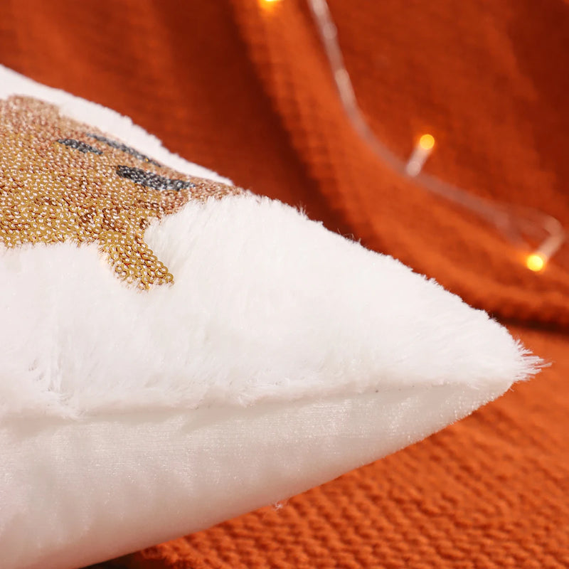 1 PC Halloween Decoration Throw Pillow Cover Pumpkin Ghost Gold Sequin Embroidery Plush Autumn Thanksgiving Harvest Living Room