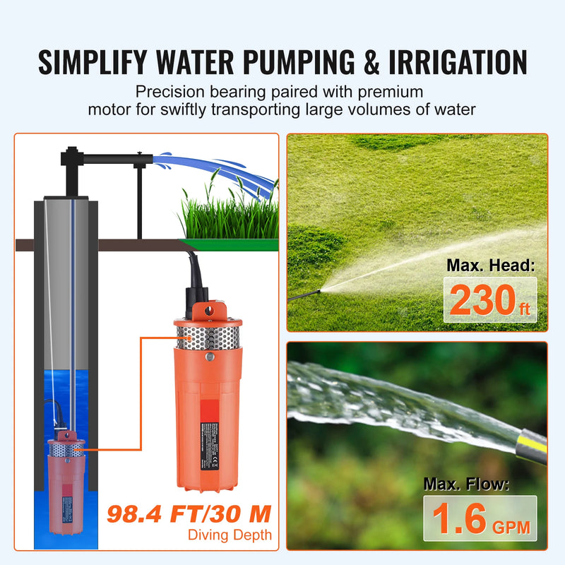 SucceBuy Solar Water Pump 1.6/3.2 GPM 12V-14.8V / 9.25 GPM 24V-42V / 8.4 GPM 48V-82V Submersible Deep Well Pump Irrigation Use