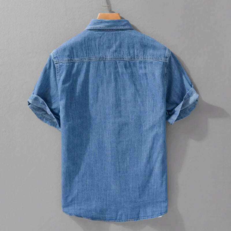 2024 Summer New Casual Denim Short Sleeve Shirts Men Clothing Pure Cotton Thin Soft Streetwear FY9358