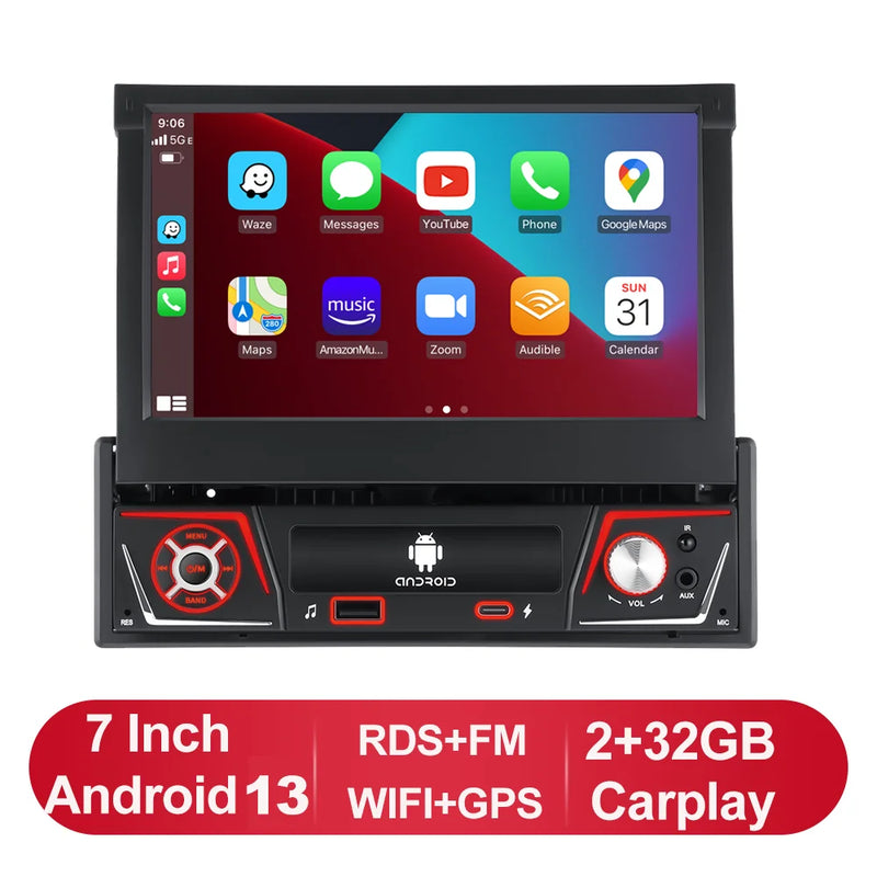 1 din Car Radio Android Carplay Auto Universal 7" IPS Retractable Screen gps Navigation 1 Din Android 13 Multimedia Video Player