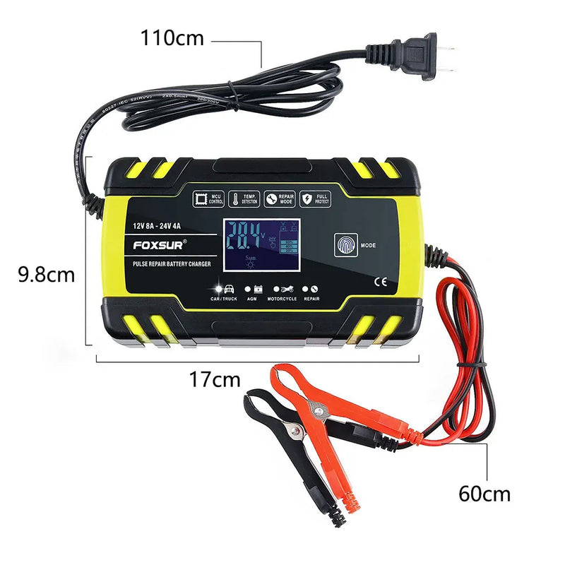 FOXSUR 12V 24V 8A Automatic Battery Charger Digital Display Pulse Repair LCD Display Smart Car Charger GEL Lead-Acid WET Battery