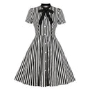 Tonval Fliege Hals Grün Gestreiftes Vintage Kleid Durchgeknöpft Elegante Kleider für Damen Baumwolle Retro Kleidung Taschen Sommerkleid
