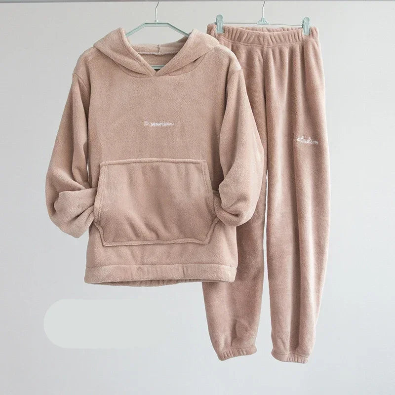 Coral Fleece Pajama Set Couple Pyjamas Suit Women Men Winter Thicken Sleepwear Loose Sleep Set Homewear Soft Warm Pijama Hoodies