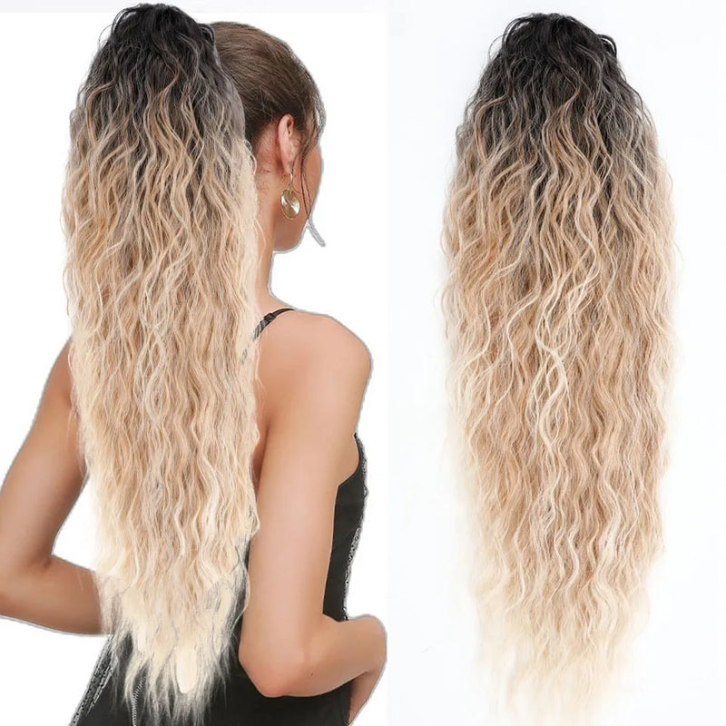 Synthetic 26 Inches 170g Wrap Ponytail Long Water Wave Curly Hair Extensions Hairpieces Pony Tail Fake Hair Heat Resistant