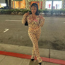 VEITCHE Women's Summer Outfit Casual Leopard Print Long Pant Suit Slim Hoodie Zipper Top High Waist Trousers Set Street Style