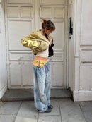 Khaki Cropped Bomber Jackets Women Lapel Collar Full Zip Closure Pocket Detail Long Sleeve Streetwear Lady Casual Y2k Outfits