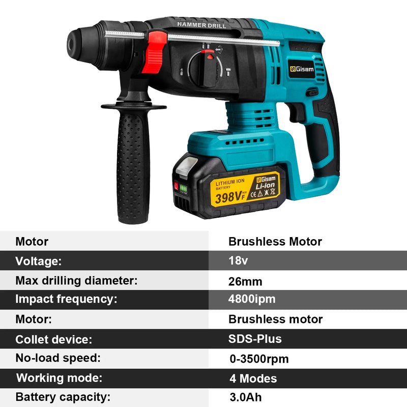 26mm Brushless Electric Hammer Drill Multifunctional Rotary Hammer Drill Cordless Impact Drill Tool For Makita 18V Battery Pin