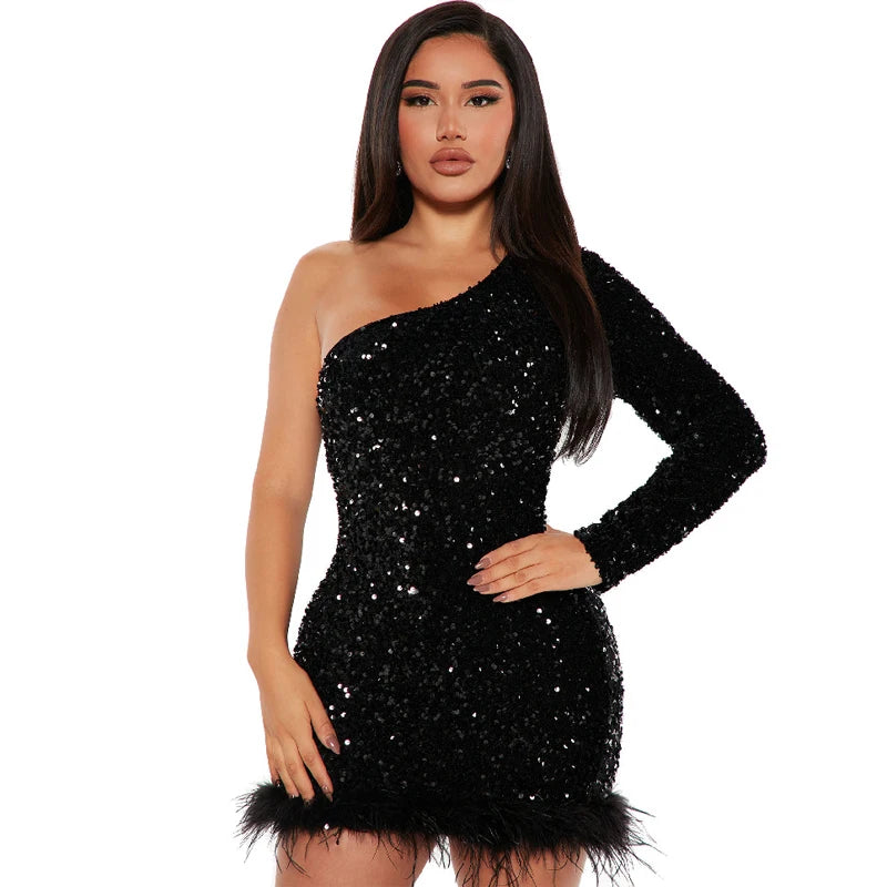 Sexy and Elegant Women's Party Dress Long Sleeved Diagonal Shoulder Off Shoulder Sparkling Edge Sequin Tight Women's Prom Dress