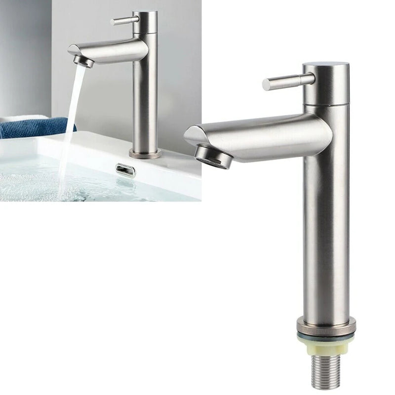 304 Stainless Steel Silver Single Cold Water Sink Faucet Bathroom Counter Basin Faucet Single Handle Washbasin Tap Hardware