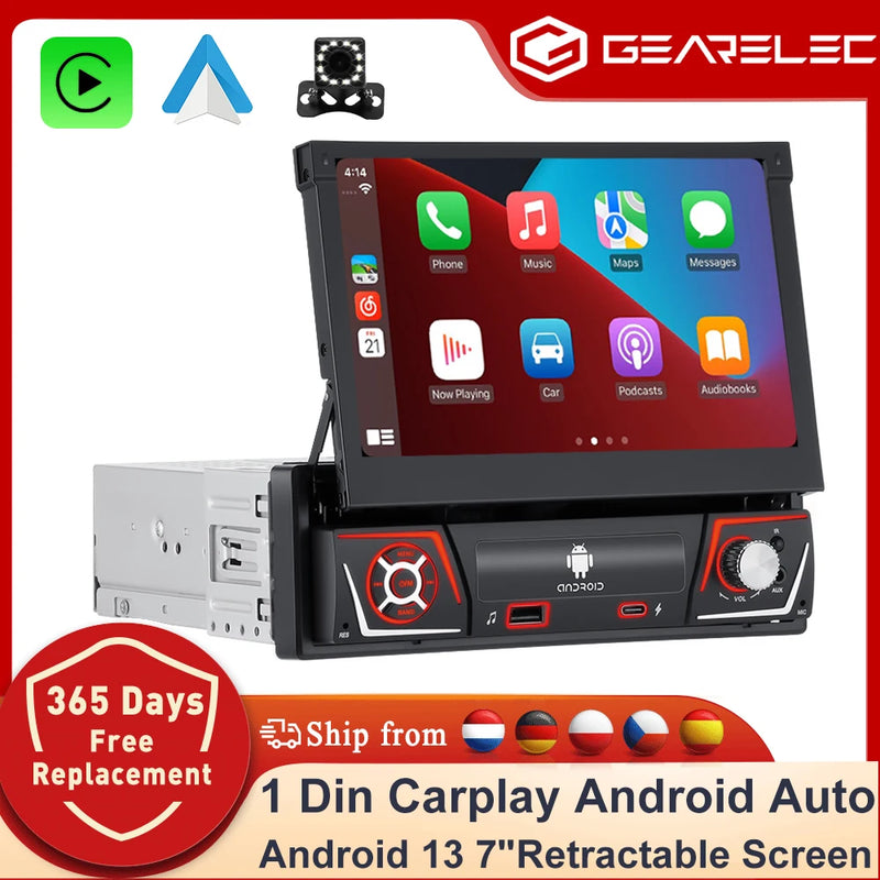 1 din Car Radio Android Carplay Auto Universal 7" IPS Retractable Screen gps Navigation 1 Din Android 13 Multimedia Video Player
