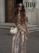 TRAF Women Fashion Casual Backless Tie-Dye Top Set Vintage Neck Tie-Dye V-Neck Top Elegant Drawstring High-Waisted Wide-Leg Pant