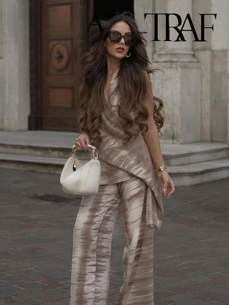 TRAF Women Fashion Casual Backless Tie-Dye Top Set Vintage Neck Tie-Dye V-Neck Top Elegant Drawstring High-Waisted Wide-Leg Pant