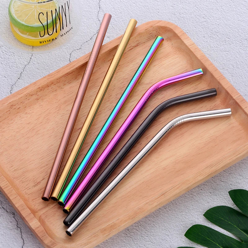 Colorful Stainless Steel Drinking Straws Straight and Bent Reusable Filter With Brush DIY Tea Coffee Tools Party Bar Accessories
