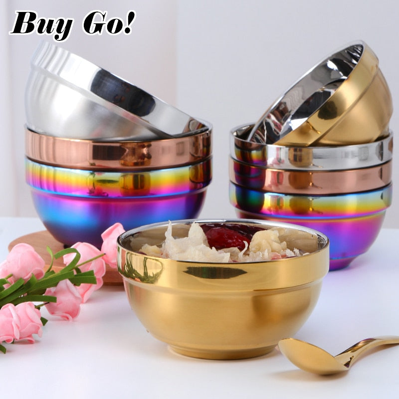 1/6PCS Stainless Steel Walled Heat Insulation Smooth Rice Bowl Non Slip Double Layer Bowls for Adult Children Kitchen Tableware