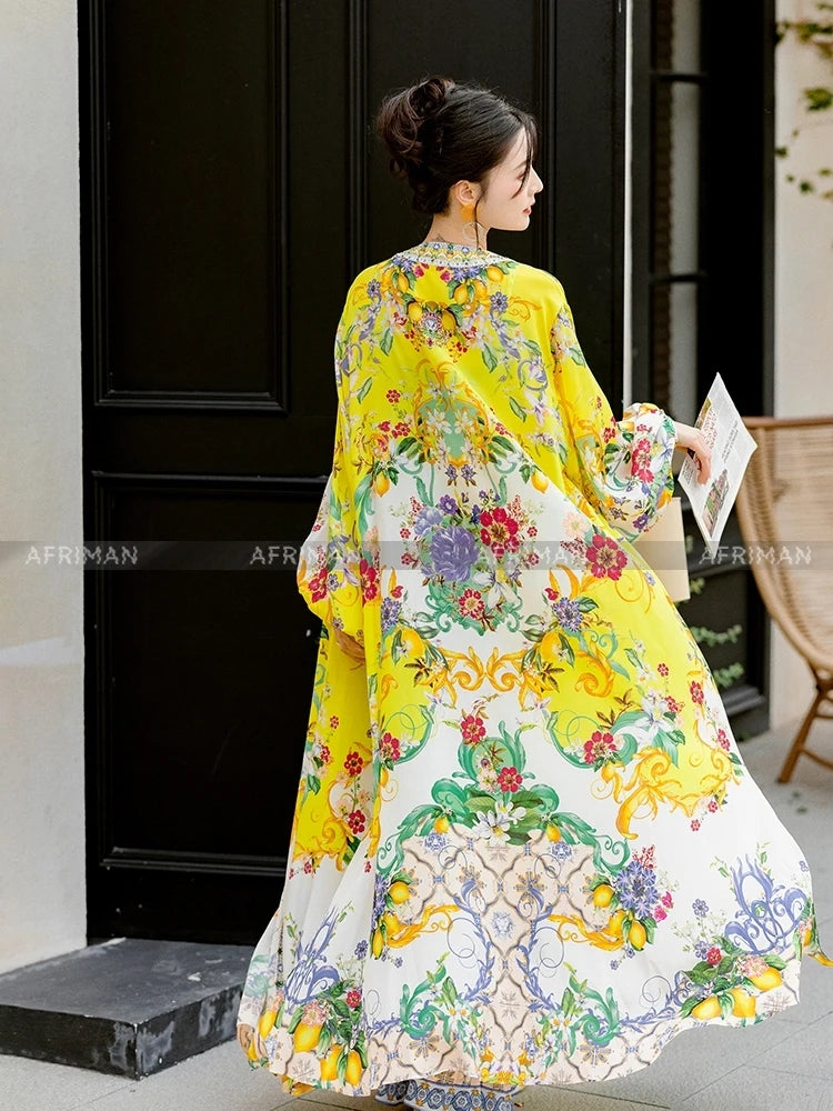 Women Vacation Gorgeous Retro Yellow Flower Printed Suspender Silk Dress + Outer Long Dress