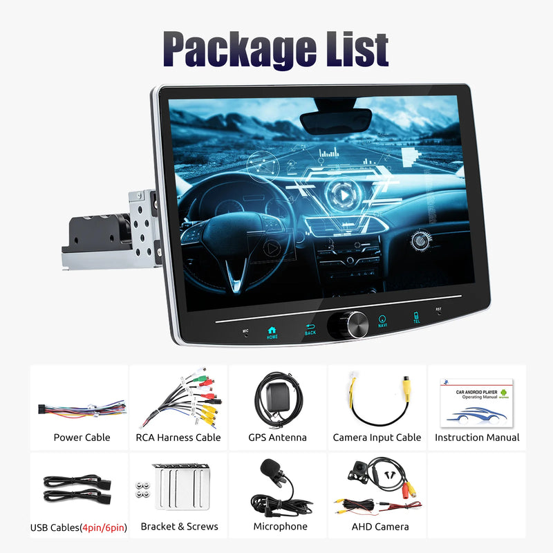 ESSGOO Android 14 4+64G Carplay Car Stereo Radio 1 DIN 10.1" Rotatable Screen GPS NAVI RDS w/ Microphone Knob Colorfull Button