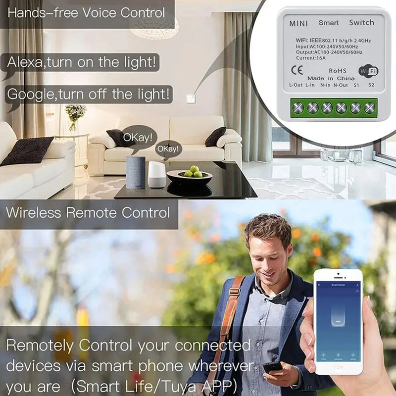 16A Tuya WiFi Smart Switch 2-way Control Mini Smart Breaker Work With Smart Life Alexa Google Home Alice