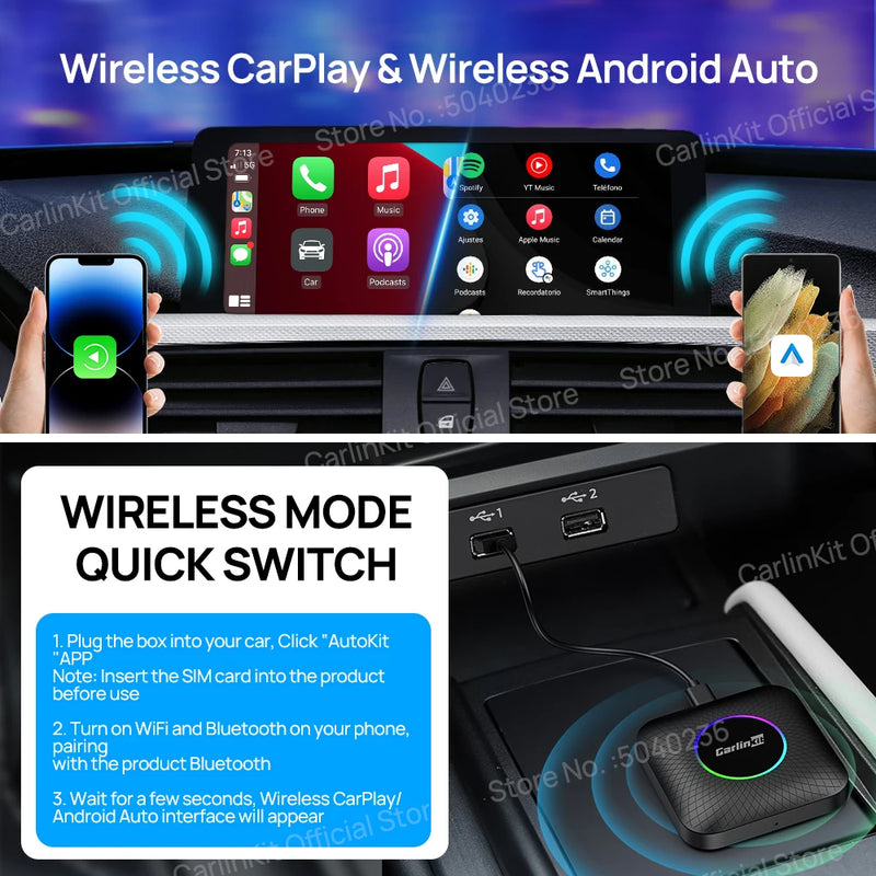 2025 CarlinKit CarPlay AI Box Android 13.0 QCM6225 8-Core Android Auto Wireless CarPlay Adapter 2.4+5GGPS 64G 128G FOTA Upgrade