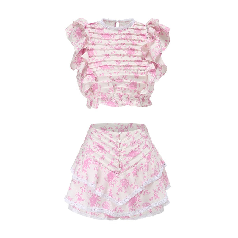 High Quality 2022 Sunday Set elastic waistband Cropped top with ruffle detail and cute ruffle mini shorts skirts