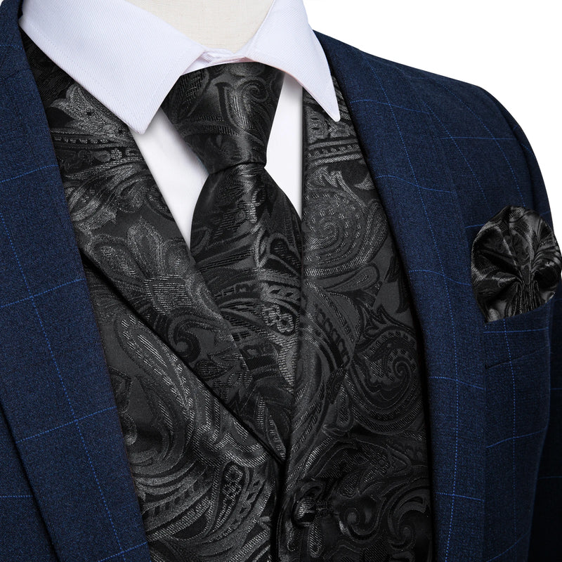 Men's Suit Vest Neck Tie Set Black Paisley Silk Waistcoat for Wedding Party Tuxedo Suits Luxury Sleeveless Jacket DiBanGu