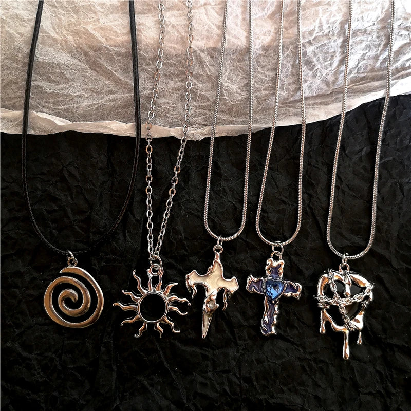 Goth Irregular Heart Cross Vortex Pendant Snake Rope Chain Necklace For Women Men Grunge Y2K 90s Punk Halloween EMO Accessories