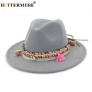 BUTTERMERE Damen Fedora Hut Wolle Khaki Jazz Hüte Weiblich National Lässig Große Krempe Vintage Herbst Klassischer Filzhut und Mütze 2022